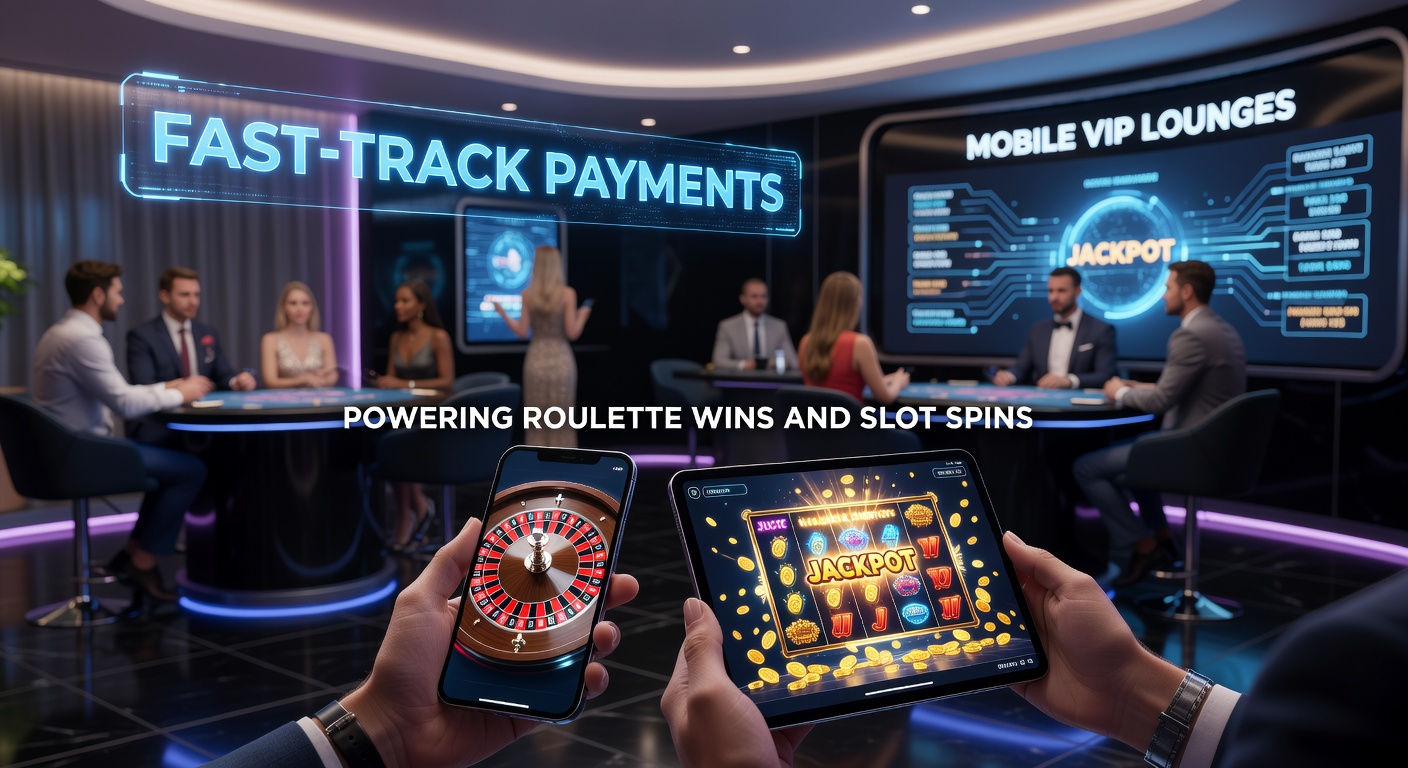Smartphone zeigt mobile VIP-Lounge mit Roulette-Tisch und drehenden Slots, umgeben von schnellen Zahlungs-Icons