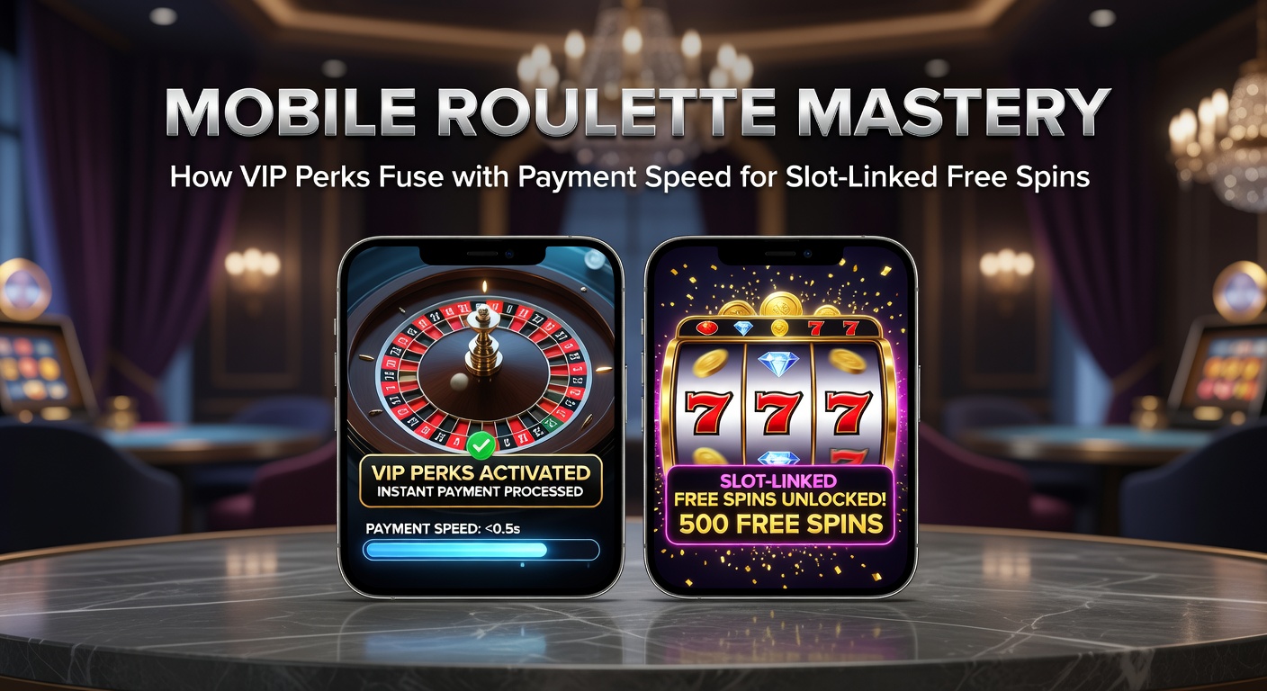 VIP-Spieler am mobilen Roulette-Tisch mit Slot-Freispielen im Hintergrund, Symbolen für ultraschnelle Zahlungen und Treuestufen-Anzeigen