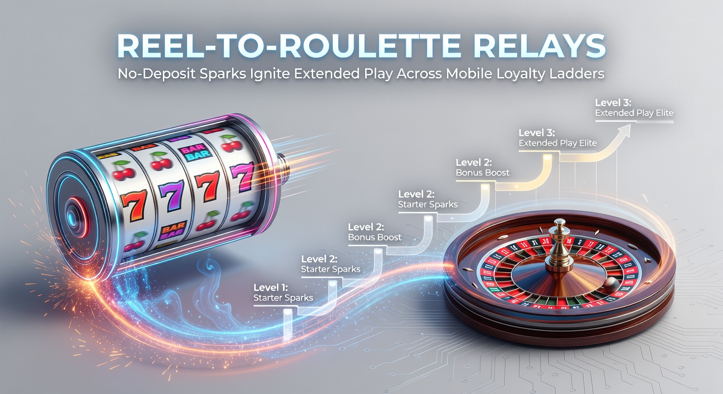 Smartphone-Bildschirm zeigt Slot-Reels, die zu einem Roulette-Rad übergehen, mit No-Deposit-Bonus-Icons und Loyalty-Leiter-Elementen im Hintergrund