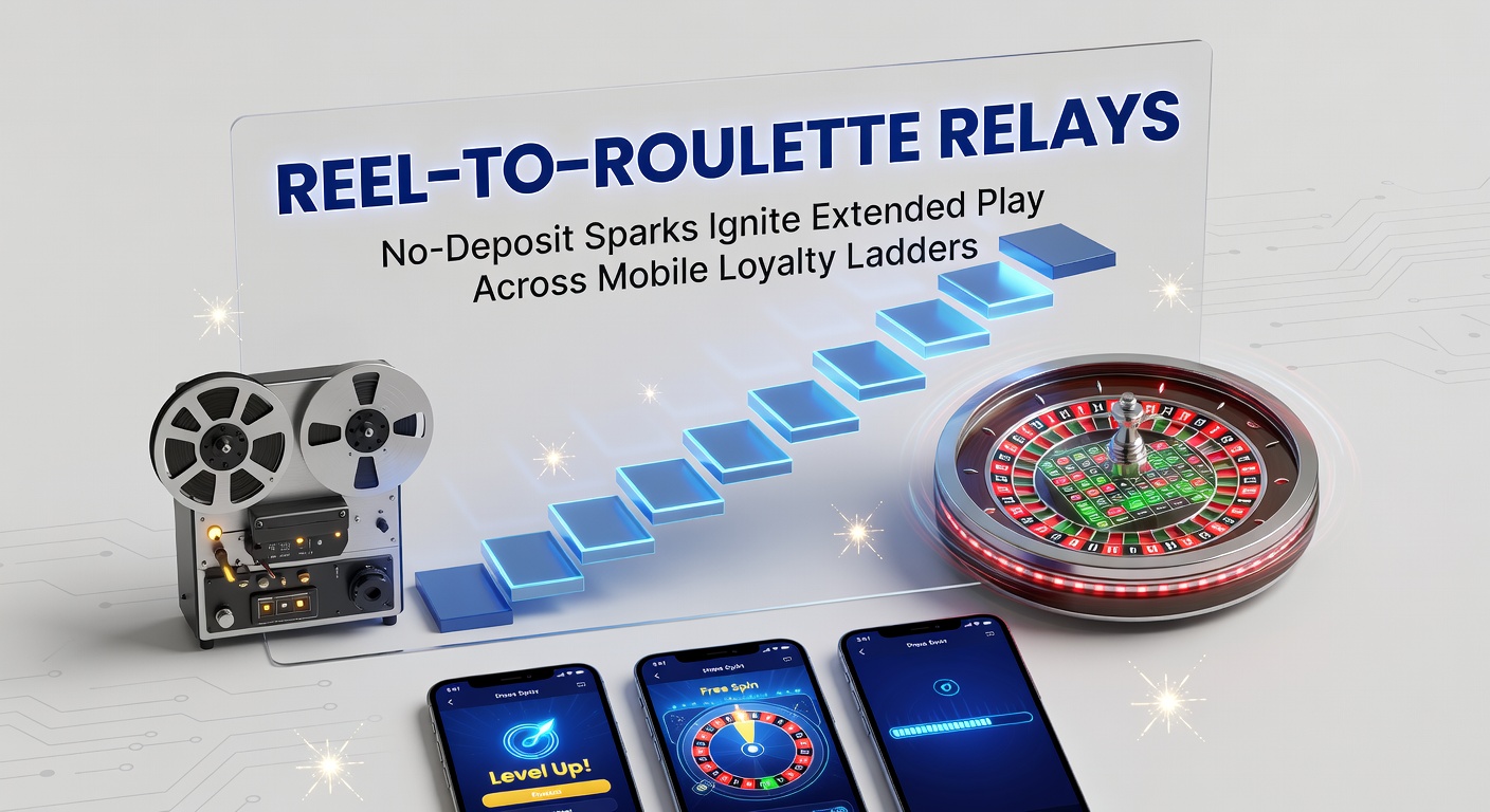 Grafik einer Loyalty-Leiter auf einem Mobilbildschirm, mit Slot-Reels oben, Roulette-Rad unten und No-Deposit-Funken als Verbindungspfeile